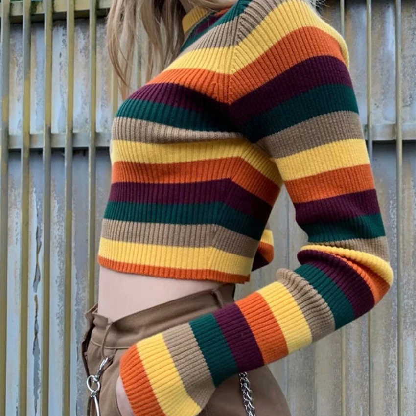 

Rainbow Patchwork Fashion Pullover Sweater Women 2020 Knitted Autumn Clothes Jersey Mujer Streetwear Korean O-Neck Woman Sweater