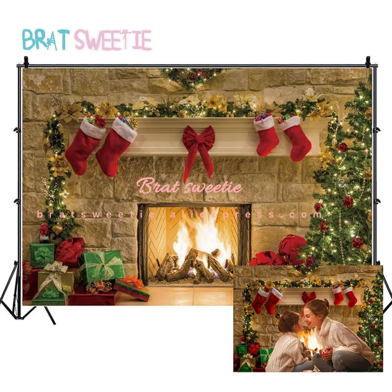 7x5ft Рождественский камин тематический фон для фотосъемки дерево носок