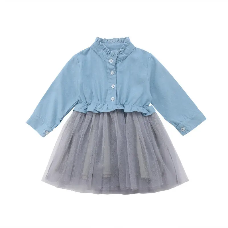 Cute Kid Baby Girl Casual Solid Long Sleeve Denim Tutu Tulle Princess Party Autumn A line Dress 1-6Y | Детская одежда и обувь