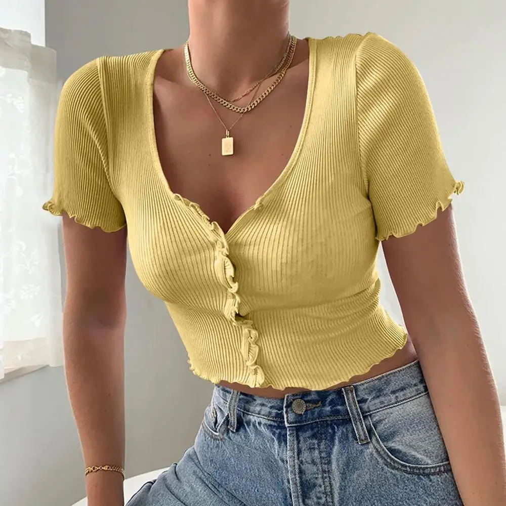 Кроп-Топ женский однотонный на пуговицах с V-образным вырезом и коротким рукавом |