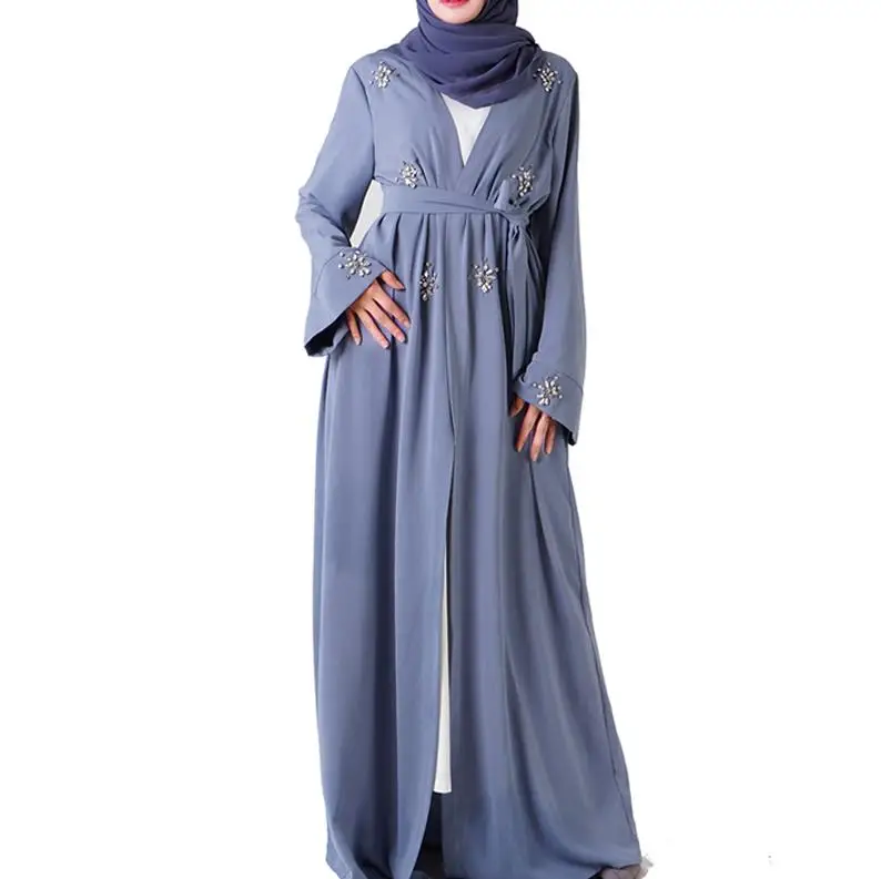 Blue gray cardigan Abaya Kimono Muslim Hijab Dress Women Abayas Caftan Marocain Kaftan Robe Femme Dubai Tesettur Elbise Turkish Islamic Clothing - Цвет: Blue gray cardigan
