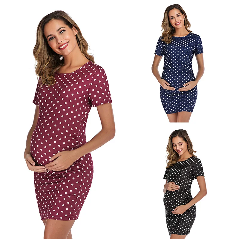 2022 New Summer Vintage Maternity Dress O-Neck Elegant Sexy Short  Dress Dot Print Dresses for Pregnancy Clothes 3 Colors