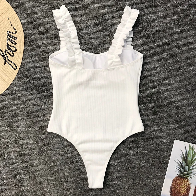 

2021 New Sexy Wood Ear Ruffle Swimwear Women One Piece Swimsuit Solid Bodysuit Swimsuit Push Up Monokini Bathing Suit Beachwear