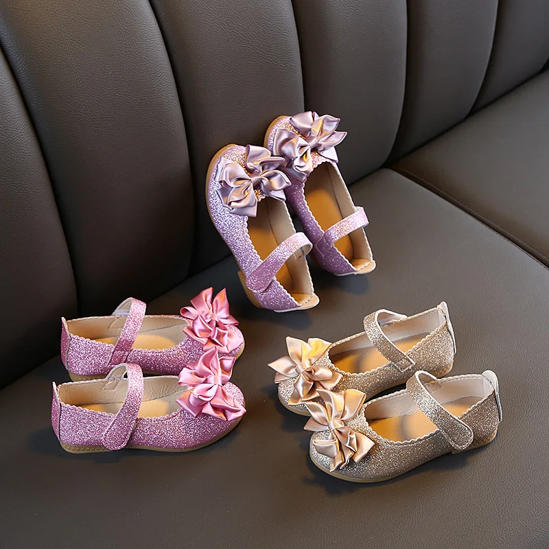 

Children Glitter Shoes Sequined Fabric Kids Shoes For Toddlers Little Big Girls Ribbon Bow-knot Soft Sweet Dress Shoes Drop Ship