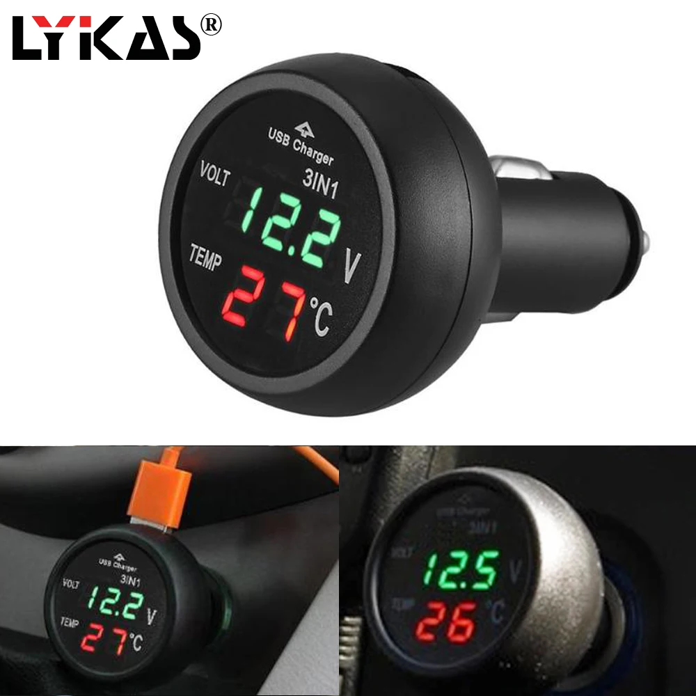 LYKAS автомобильное зарядное устройство USB Вольтметр термометр 12 В 24 в цифровое