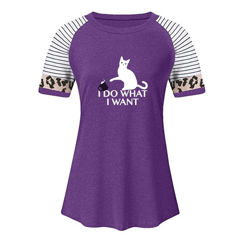 

Fashion Cat Print Blouse Shirt Patchwork O-Neck Loose Tops Casual Summer Ladies Top Female Women Short Sleeve Blusas Pullover