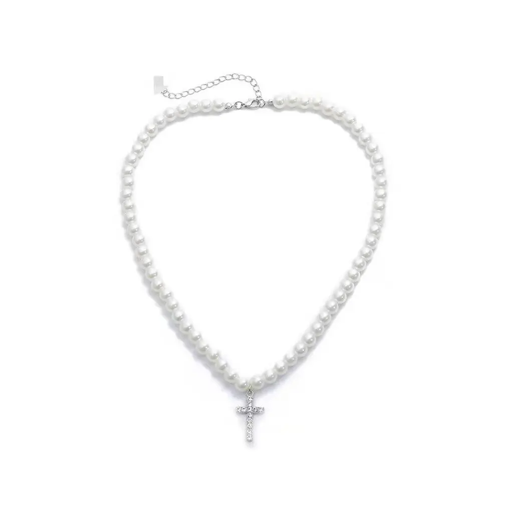 

Polished Cross Pearl Necklace Chain Choker Satellite Crucifix Pendant Chain Bead Pendant Necklace Dainty Jewelry