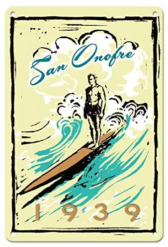 

San Onofre (San 'O) California - Surfer on Longboard by Wade Koniakowsky Metal Tin Sign
