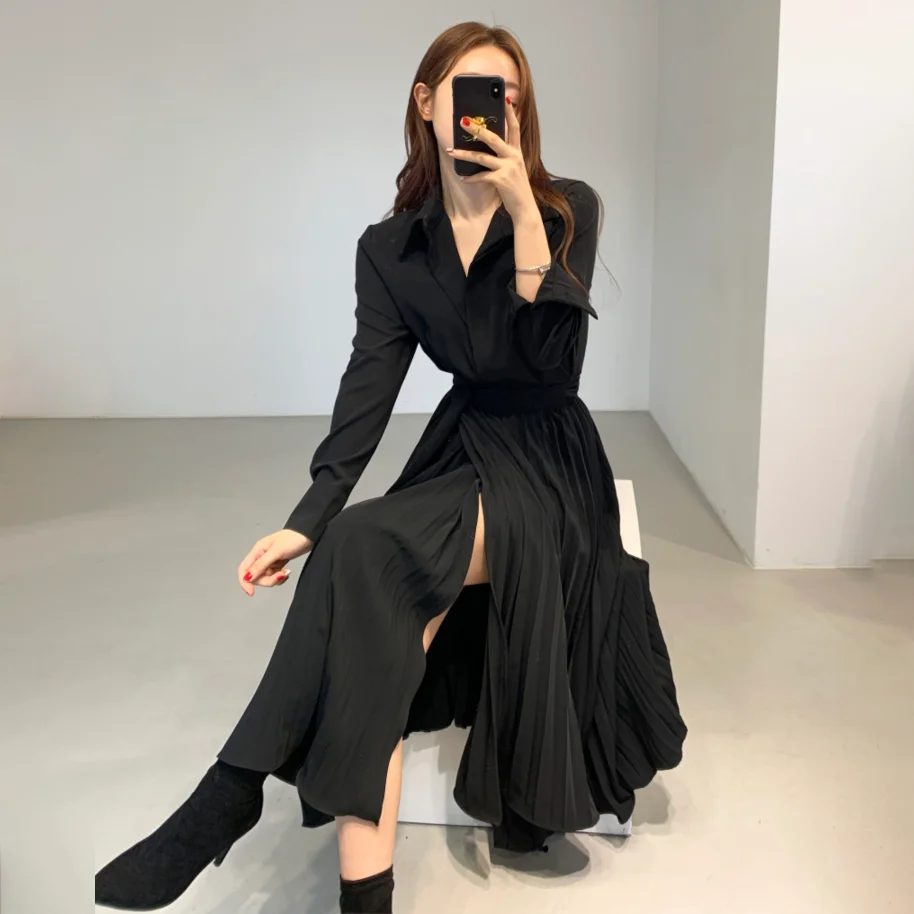 

JSXDHK Korean Autumn Fashion Pleated Midi Dress Women Turn Down Collor Button Up Shirt Dresses Office Lady Lace Up Belt Vestidos