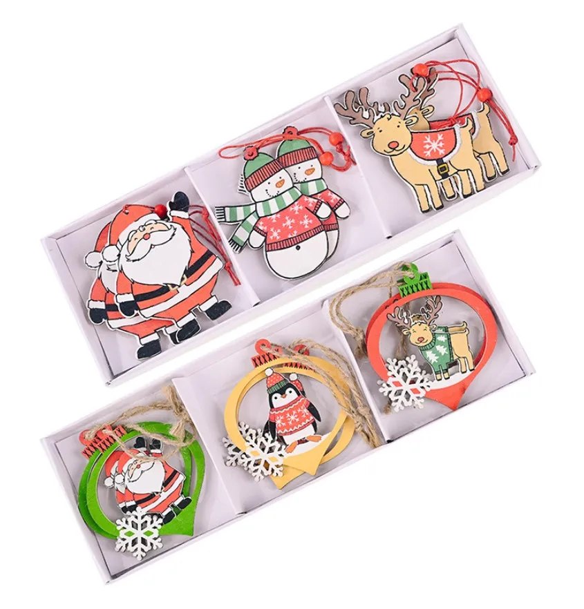 

6Pcs/Box Christmas Tree Mini Pendant Santa Claus Snowman Elk Xmas Wooden Ornaments DIY Party Hanging Home Decor Gifts