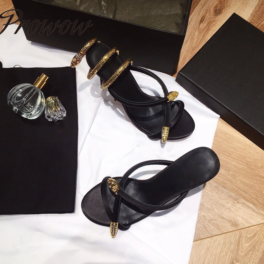 

Prowow Spring Summer Real Leather Metal Sexy Snake Vacation Slippers High Heel Mules Sliders Shoes Women Party