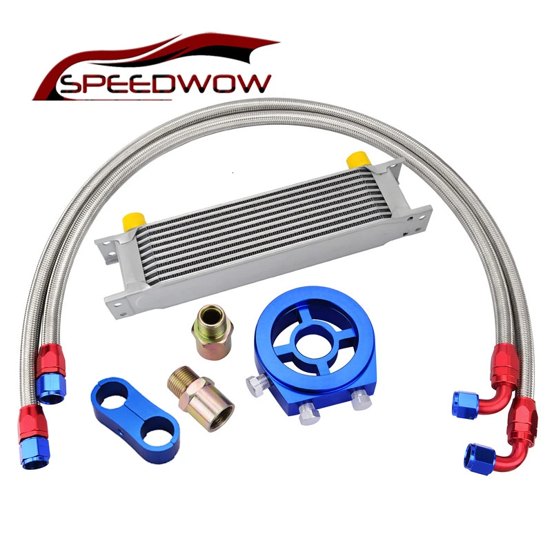 

SPEEDWOW Universal 10Row Transmission Oil Cooler+Oil Adapter Filter Cooler Plate Kit+AN10 Swivel Fuel Hose Fitting Kit Engine