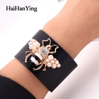 bumblebee cuff bracelet adjustable leather bee insect animal pearl bracelet fashion luxury glamour jewelry for women