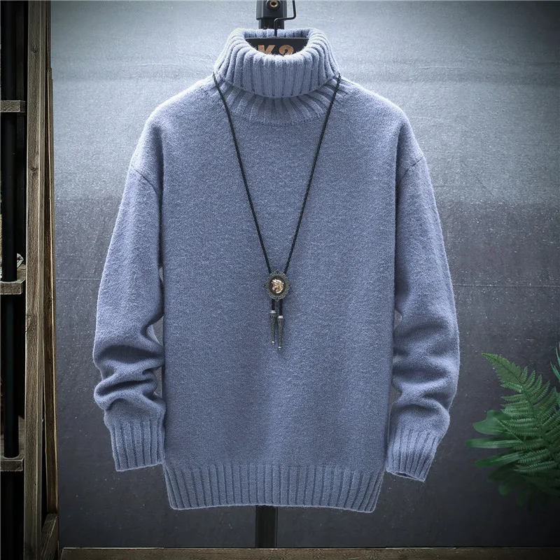 Мужской плотный приталенный свитер однотонный пуловер с высоким воротником