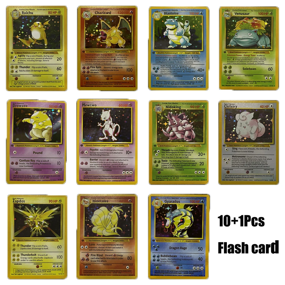 

10Pcs+1 New 1996 Years Diy Pokemon Pikachu Flash Card Charizard Blastoise Venusaur Ninetales Mewtwo Zapdos Game Collection Cards