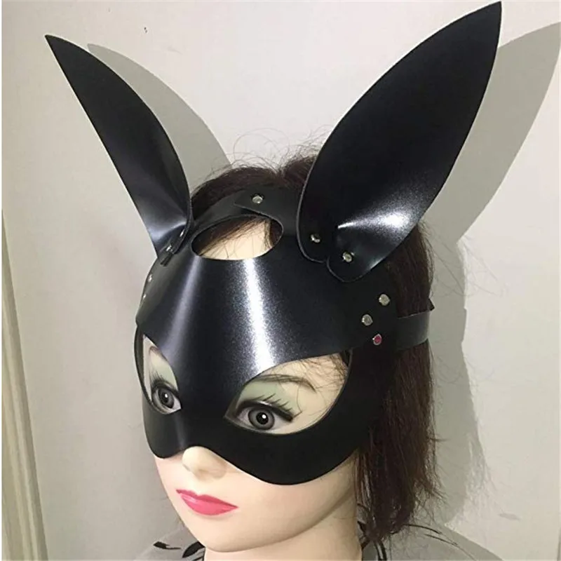 

Bunny women mask pu Rabbit Mask Adjustable Leather Studded Mask Hood Custumes Accessories for Party Black fetish hood mask