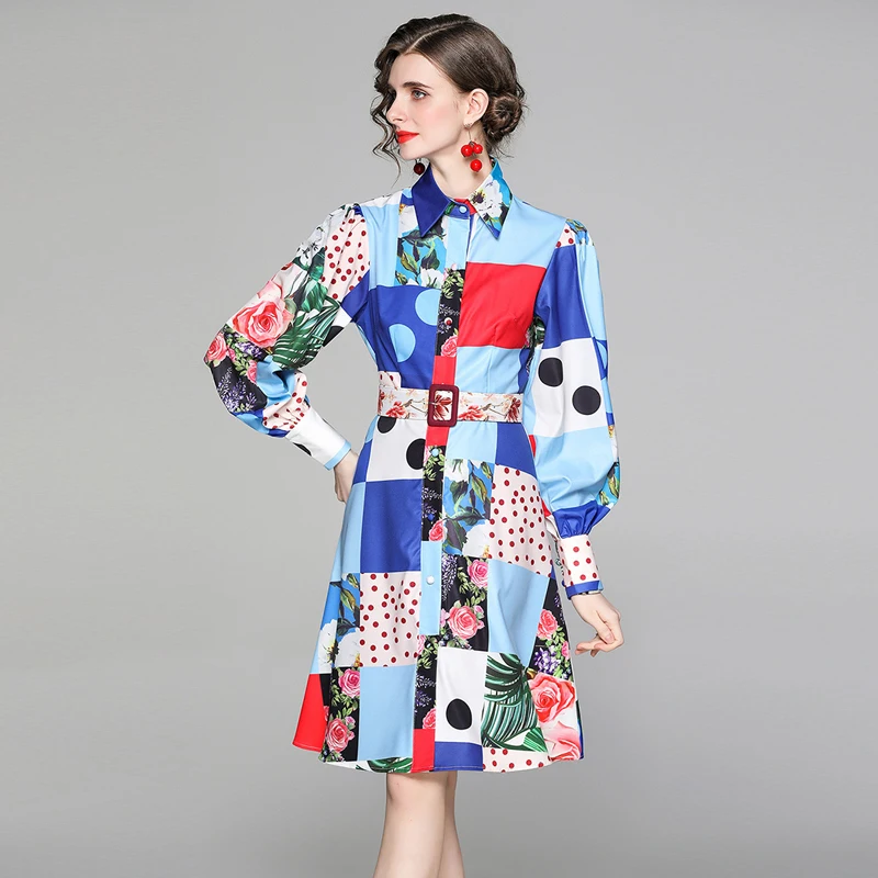 

New Elegant Vintage Fashion Women Dot Plaid Flower Print Slim Party Dress Office Lady Long Sleeve Dresses
