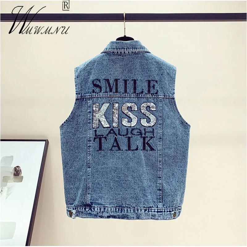 

Женский джинсовый жилет на пуговицах, универсальная винтажная Повседневная куртка без рукавов с отложным воротником и карманами, верхняя о...