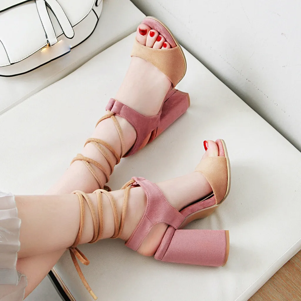 

sandals women heels ankle strap faux suede square heel retro women's shoes 2020 platform sandals women chunky