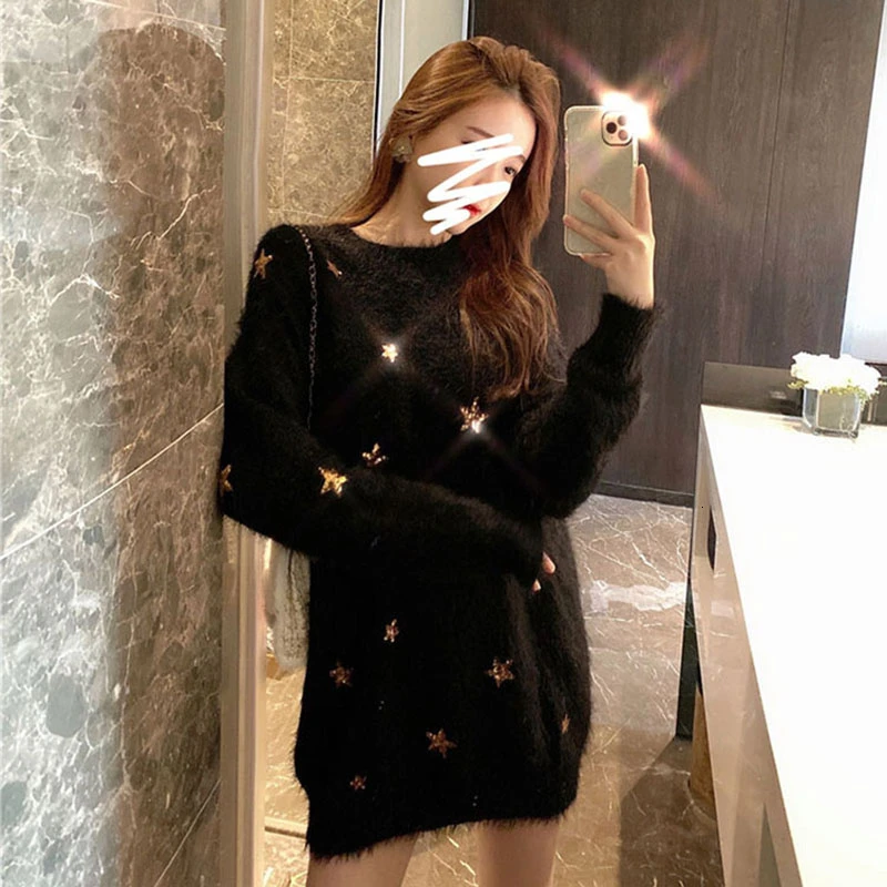 Женский джемпер с блестками блестящая Звезда имитирующая норка свитер вязаный