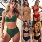 Новый сексуальный купальник с чашками с эффектом пуш-ап, Женская однотонная пляжная одежда, женский купальный костюм с высокой талией, комплект бикини