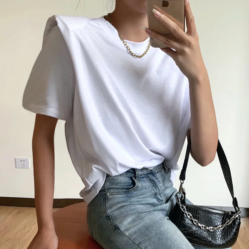 

Padded Shoulder Short Sleeve T Shirt Simple Top Women Clothes Casual T Shirts Elegant Comfortable Autumn Summer T Shirts Camisas