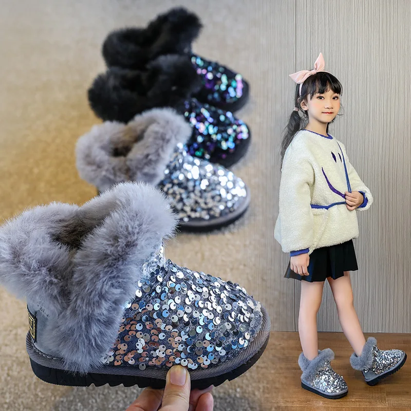 

10 To 12 Year Girl Plush Warm Child Shoes for Fashion Sequins Kids Winter Snow Boots Little Girl Shoes Slip-On Flat Ankle Boots