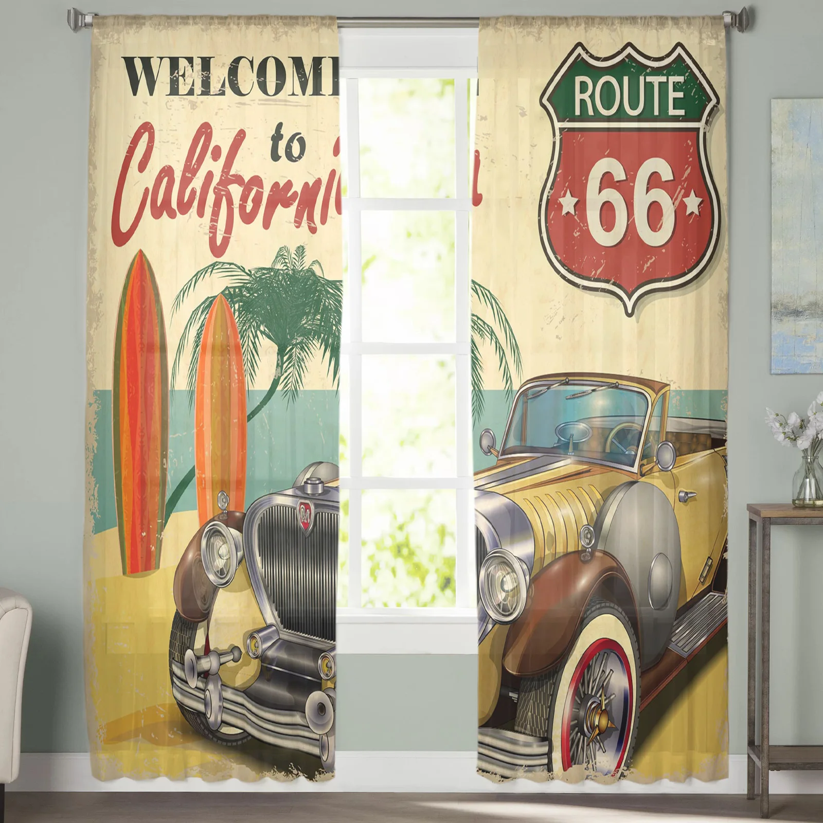 Ретро-автомобиль морской пляж постер Калифорния прозрачные Занавески для