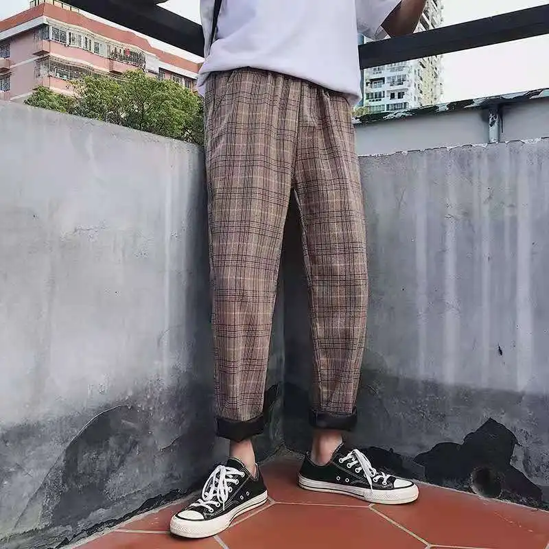 

The new 2021 han edition tide students loose trousers male spring popular logo checked port of mashup ins wind wide-legged pants