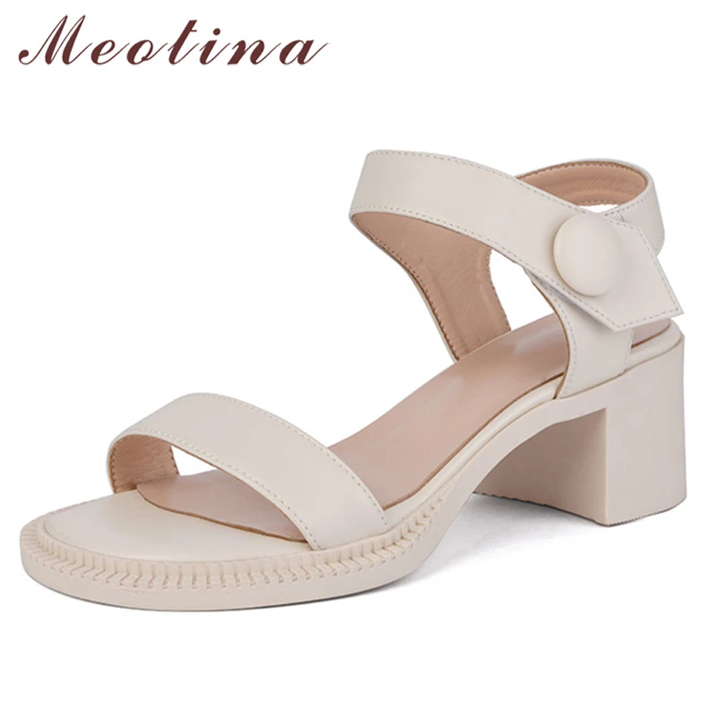 

Meotina Women Shoes Genuine Leather Sandals Med Heel Sandals Round Toe Shoes Chunky Heel Cow Leather Lady Footwear Summer Black