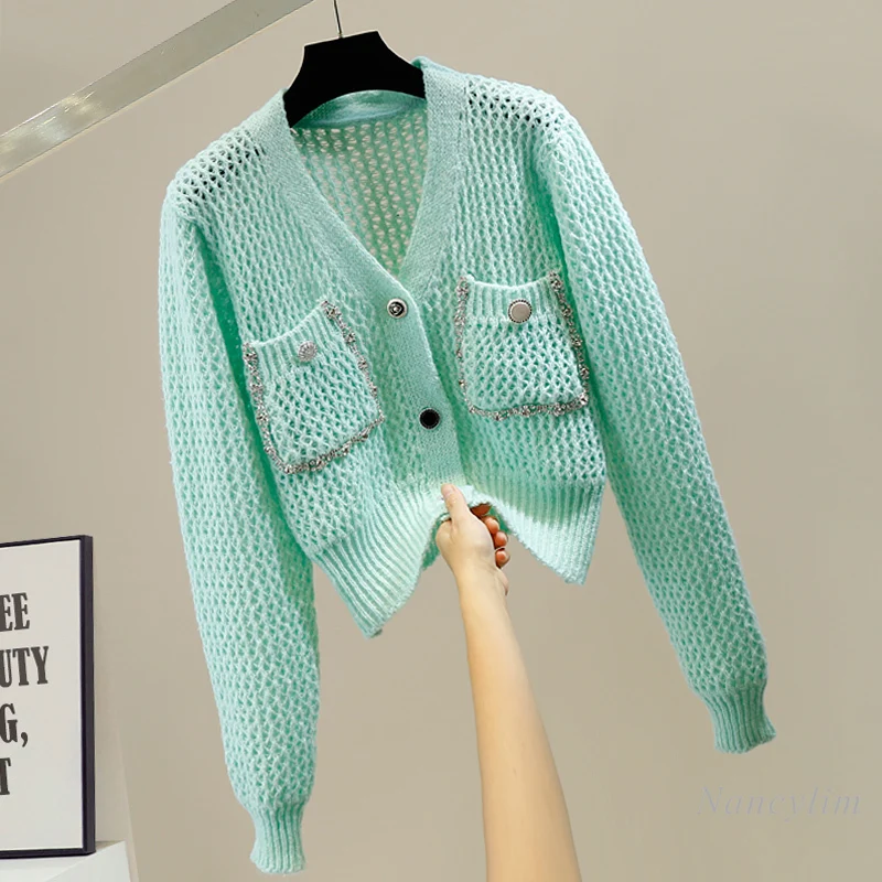 

Women Cardigan Exquisite Rhinestone Chain Double Pocket V-neck Single Breasted Hollow Out Sweater Loose All-Matching Knit Coat