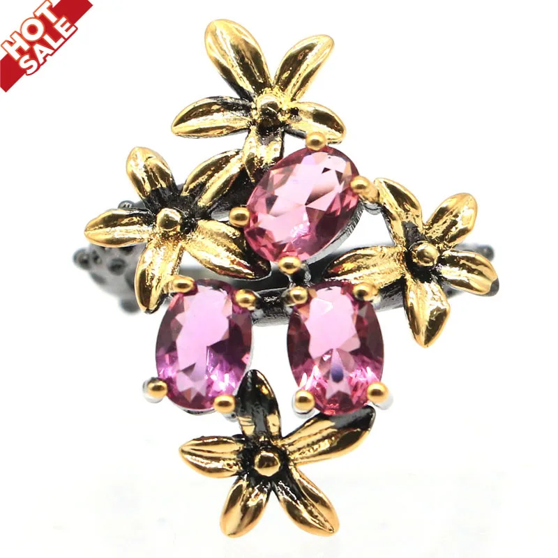 

28x21mm Gothic Unique Design Vintage Created Pink Tourmaline Cool Black Gold Silver Ring For Ladies Daily Wear Silver Rings