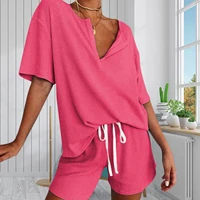 summer women 2 pieces pajamas set new womens outfit lounge sleepwear set solid leisure pajamas set v neck home wear 2021
