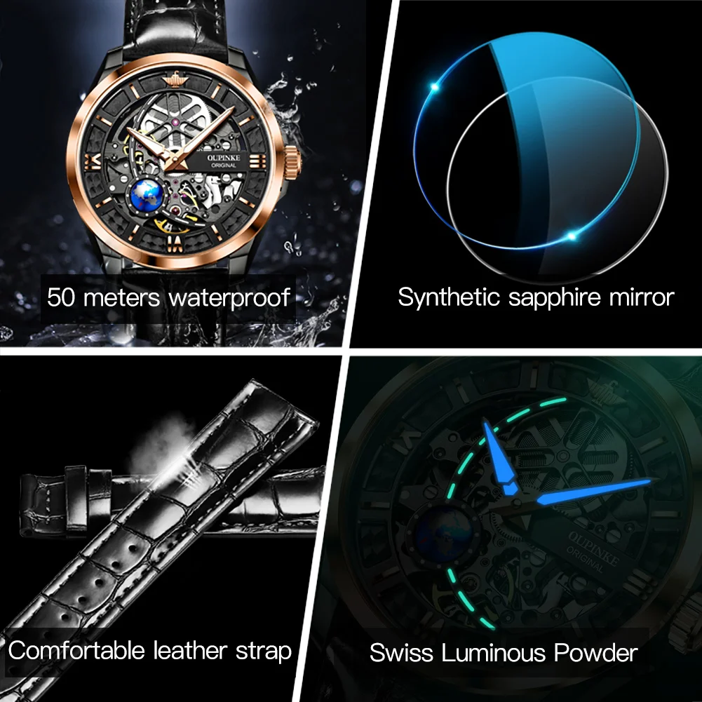 

OUPINKE Men's Watch Automatic Mechanical Wristwatches Skeleton Design 50M Waterproof Sapphire Mirror Leather Strap Male Watches