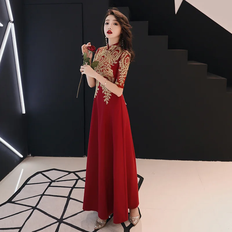 

Dark Red Women Mini Slim Party Dress Fashion Wedding Banquet Bride Chinese style Mandarin Collar Elegant Gown Vestido XS-3XL