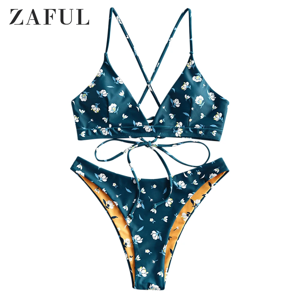 ZAFUL Bikini Floral Print Crisscross Lace-Up Reversible Set Spaghetti Straps Wire Free SwimSuit Holiday Sexy Bathing Suit | Женская