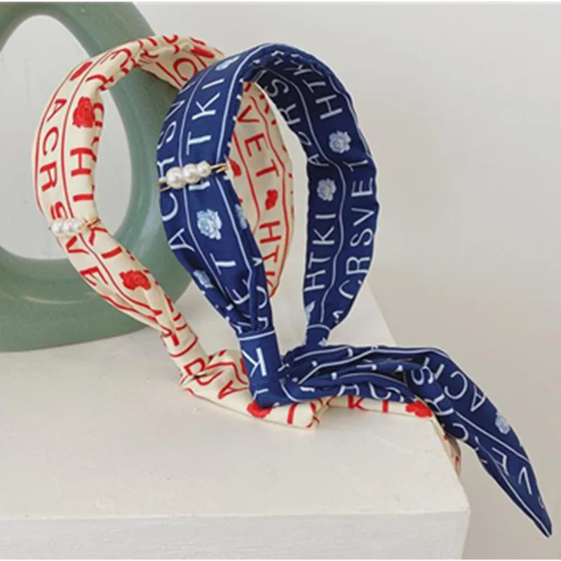 

Ladies Outdoor Letters Print Headband Pearls Hair Ribbons Women Hair Accessories Wide Head Band Long Tassels Turban Hairbands