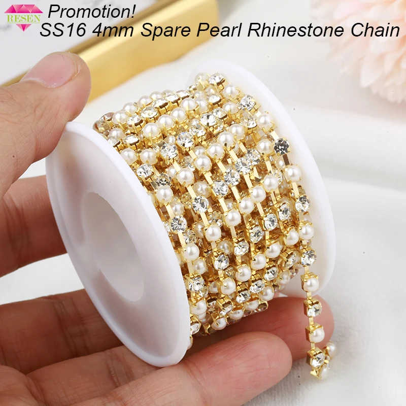 RESEN Promotion!4mm ABS Pearl Rhinestone Chain Sparse Crystal Diamond Gold Cup Apparel Sewing Trim |
