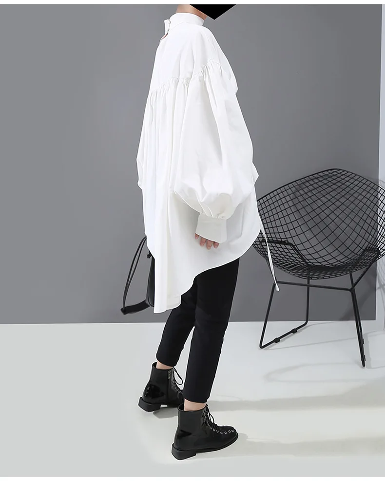 

SONDR Women Back Long Drawstring Big Size Blouse New Satnd Collar Long Sleeve Loose Fit Shirt Fashion Spring Autumn 2021