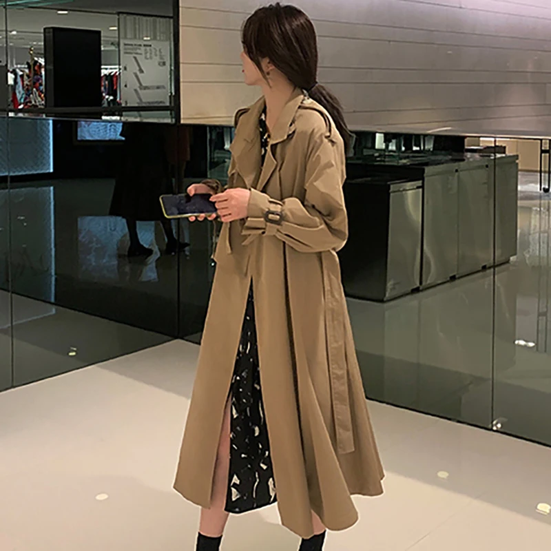 Women Trench Coat Autumn Casual Belt Waist Long Coat Turn Down Collar Long Sleeve Windbreaker Trench Fashion Outwear