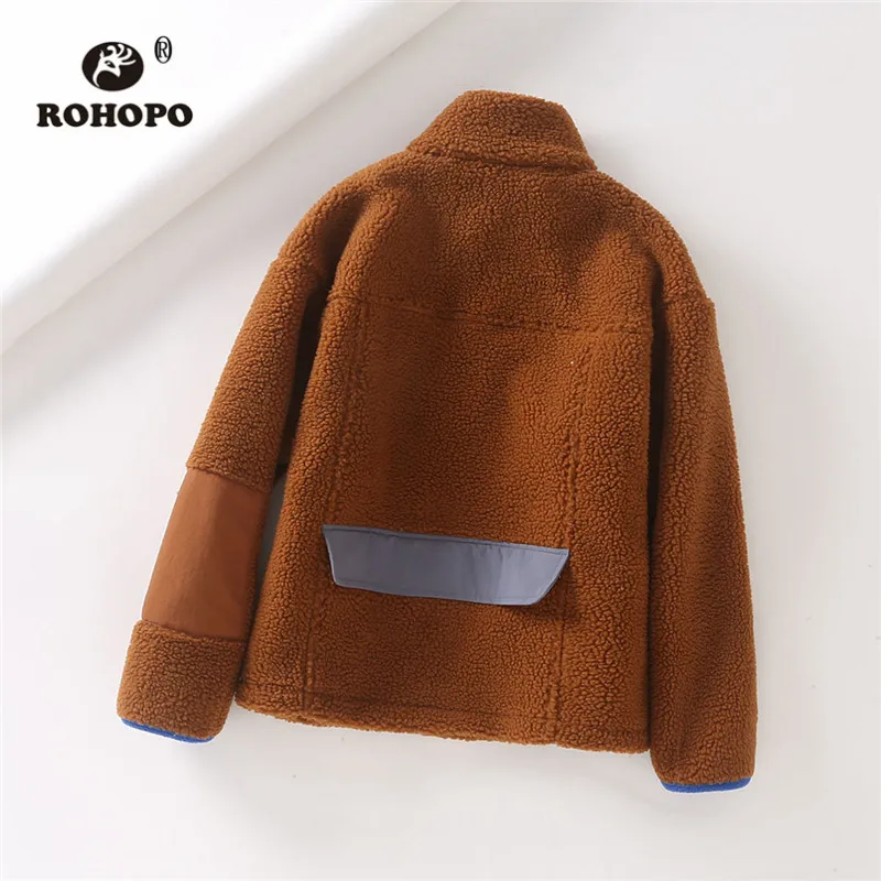 ROHOPO зимняя флисовая куртка с воротником-стойкой коричневого и бежевого цвета