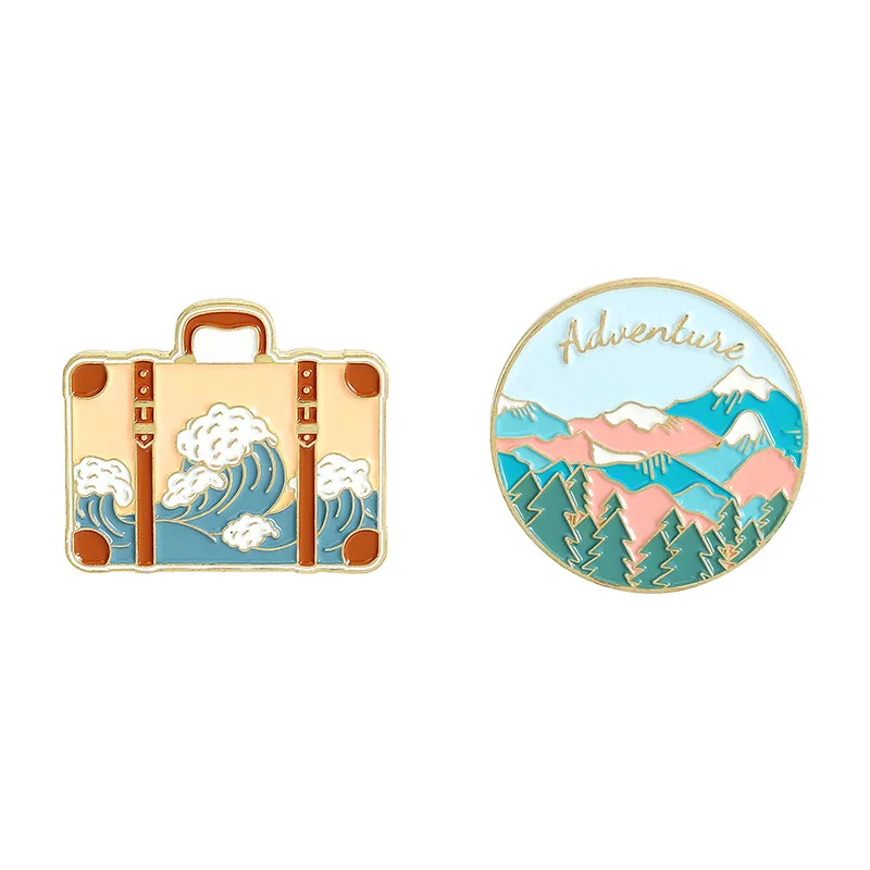 

Travel Enamel Pin Adventure Tour Suitcase Journey Brooches Bag Lapel Pin Badges Mountains Oceans Wave Jewelry Gift for Friends