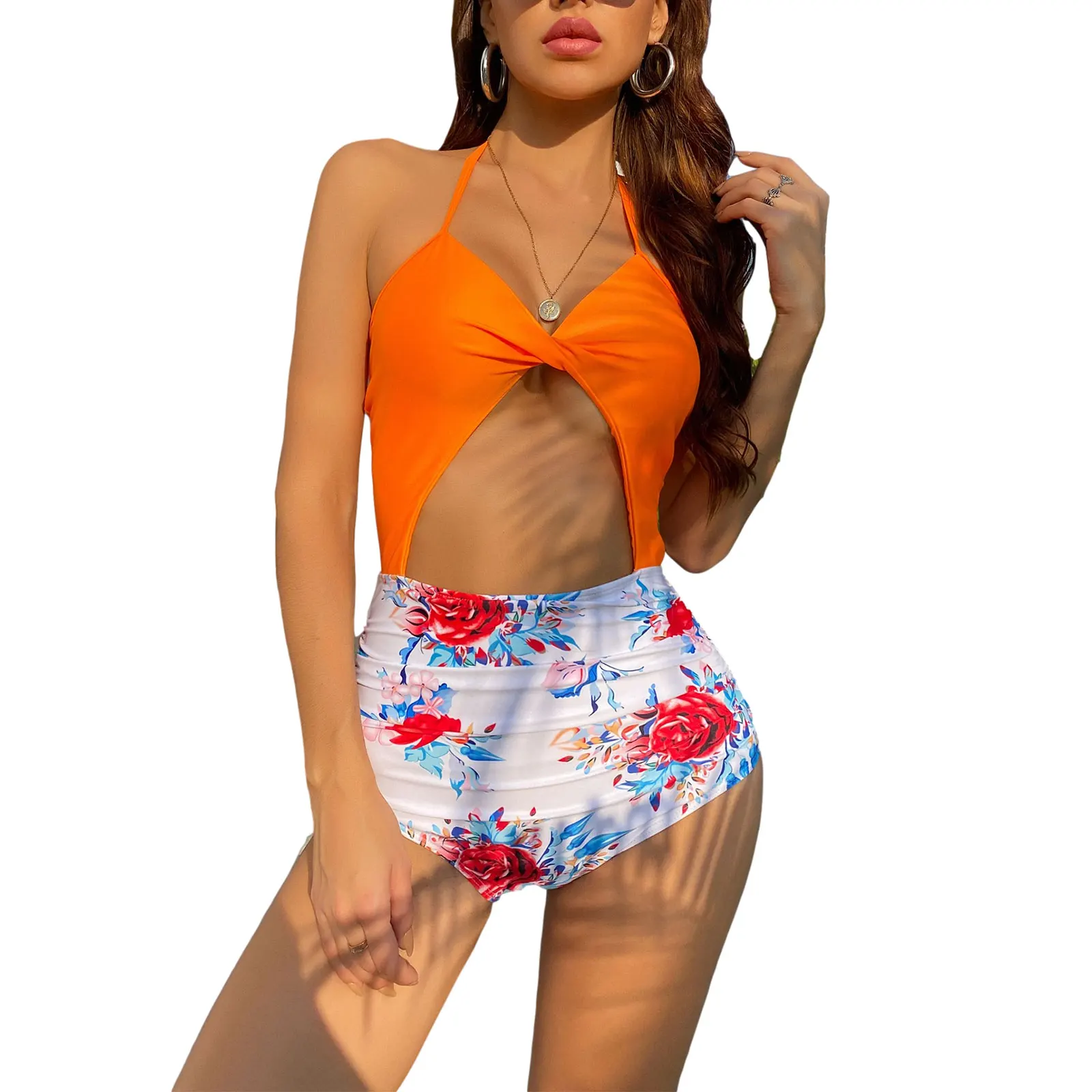 

Women Casual Swimsuit Stripe/ Floral Printed Pattern V-neck Sleeveless Orange/ White/ Navy