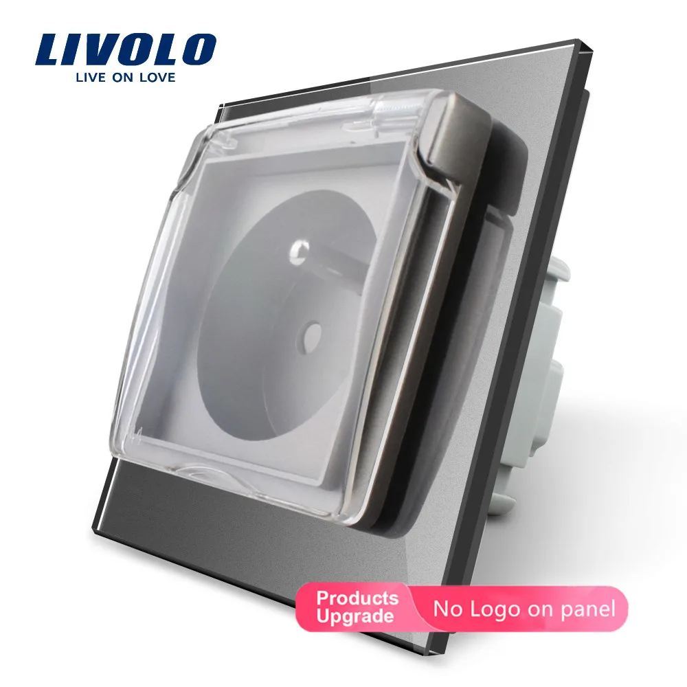 Livolo новая настенная розетка, французская стандартная розетка, C7C1FRWF, 4 цвета стеклянная панель, 100~ 250 В 16A, с водонепроницаемой крышкой, без логотипа - Тип: Grey-No logo