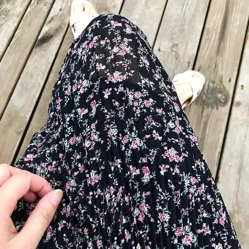 JuneLove Women Floral Print Pleated Long Maxi Skirt Vintage Elastic High Waist Boho Skirts Summer Elegant Female Holiday Bottoms | Женская