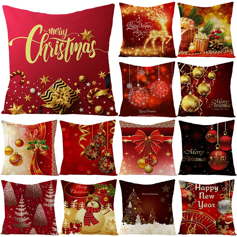 

Christmas Cushion Cover 45X45cm Linen Pillowcovers Sofa Cushions Golden Pillowcase Home Decorative Throw Pillows Happy New Year