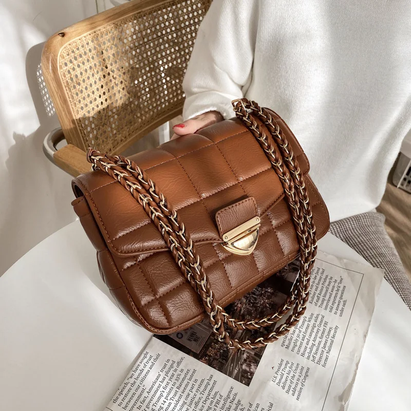 

2021 Fashion New Branded Trending PU Leather Women's Designer Handbag and Purses Chain Lattice Square Shoulder Crossbody Bag