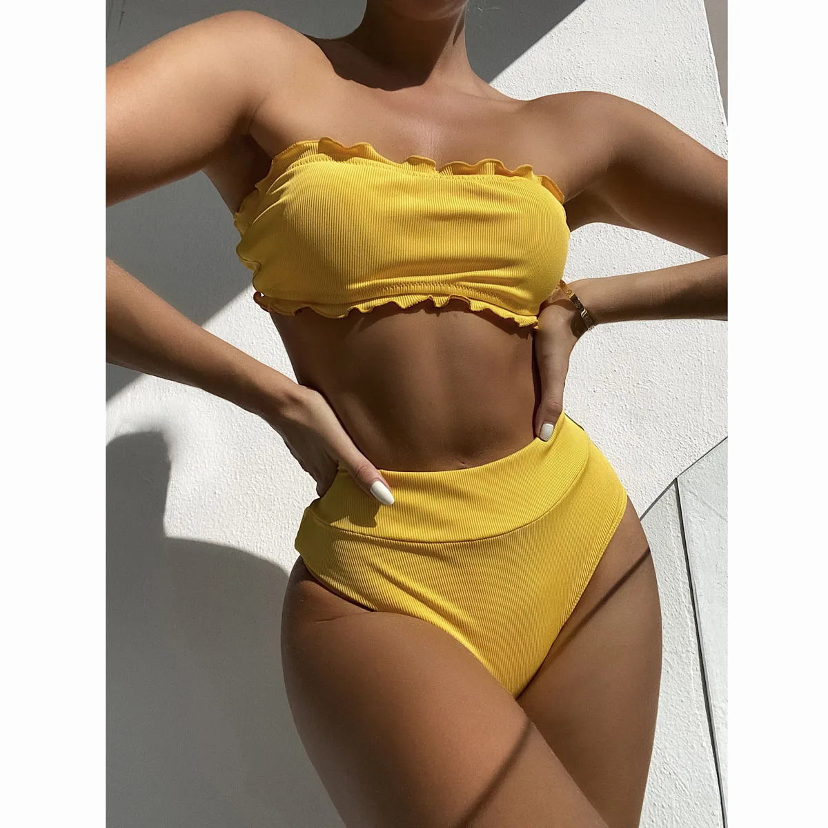 

Bikinis 2021 Woman High Waist Swimsuit Female Sexy Bandeau Women Swimwear Ruffle Set Yellow Bathing Beachwear Swimming Suits