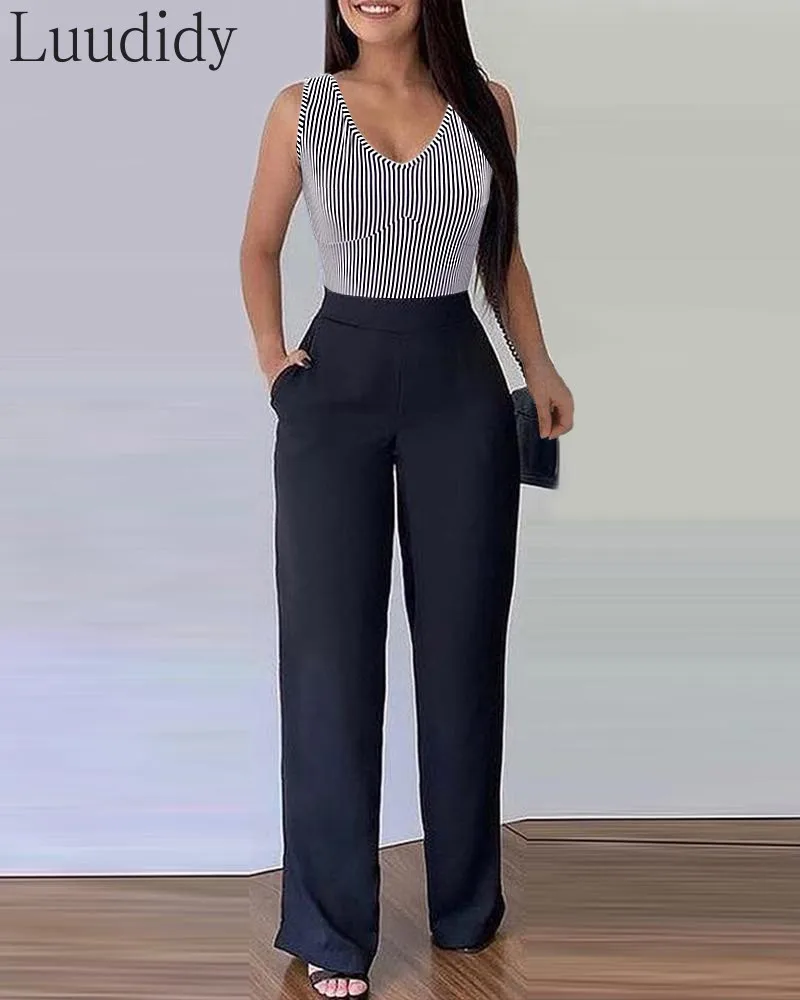

Women Striped Colorblock Pocket Design Jumpsuit Casual Work V-Neck Sleeveless Romper