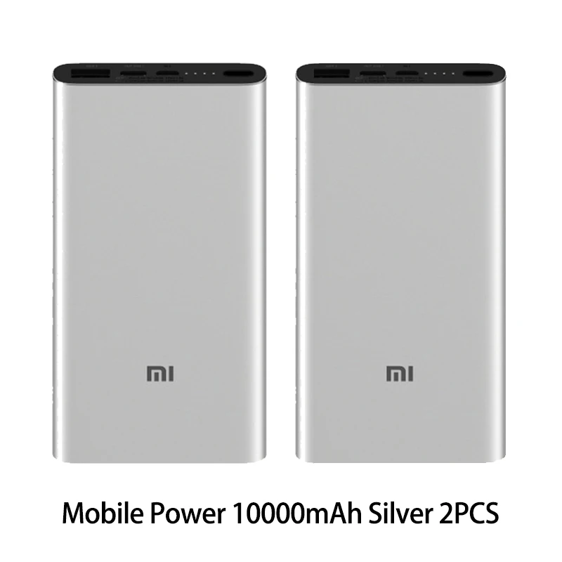 Silver 2PCS Xiaomi Mi 3 Pro 10000 мАч Внешний аккумулятор Двусторонняя Быстрая зарядка USB-C Двойной вход выход PLM12ZM 10000 мАч Внешний аккумулятор для мобильного телефона - Цвет: Silver 2PCS
